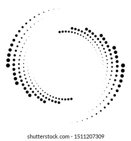 Dotted, dots, speckles abstract concentric circle. Spiral, swirl, twirl element.Circular and radial lines volute, helix.Segmented circle with rotation.Radiating arc lines.Cochlear, vortex illustration