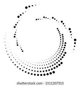 Dotted, dots, speckles abstract concentric circle. Spiral, swirl, twirl element.Circular and radial lines volute, helix.Segmented circle with rotation.Radiating arc lines.Cochlear, vortex illustration