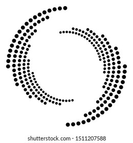 Dotted, dots, speckles abstract concentric circle. Spiral, swirl, twirl element.Circular and radial lines volute, helix.Segmented circle with rotation.Radiating arc lines.Cochlear, vortex illustration