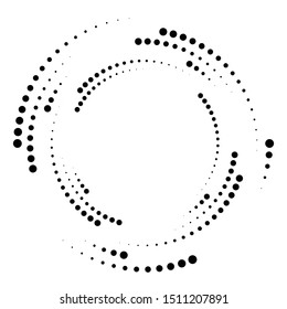 Dotted, dots, speckles abstract concentric circle. Spiral, swirl, twirl element.Circular and radial lines volute, helix.Segmented circle with rotation.Radiating arc lines.Cochlear, vortex illustration