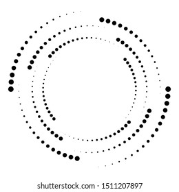 Dotted, dots, speckles abstract concentric circle. Spiral, swirl, twirl element.Circular and radial lines volute, helix.Segmented circle with rotation.Radiating arc lines.Cochlear, vortex illustration