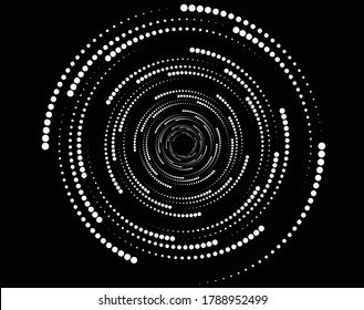 Dotted, dots, speckles abstract concentric circle. Spiral, swirl, twirl element.Circular and radial lines volute, helix.Segmented circle with rotation.Radiating arc lines.Cochlear