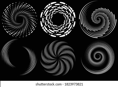 Dotted, dots, speckles abstract concentric circle. Spiral, swirl, twirl element.Circular and radial lines volute, helix.Segmented circle with rotation.Radiating arc lines.set,zig zag.