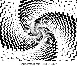 Dotted, dots, speckles abstract concentric circle. Spiral, swirl, twirl element.Circular and radial lines volute, helix.Segmented circle with rotation.Radiating arc lines.Cochlear