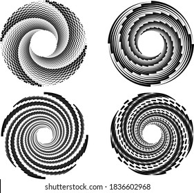  Dotted, dots, speckles abstract concentric circle. Spiral, swirl, twirl element.Circular and radial lines volute, helix.Segmented circle with rotation.Radiating arc lines.set