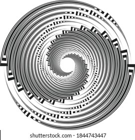 Dotado, puntos, especula un círculo concéntrico abstracto. Espiral, giratoria, elemento twirl.Circular y líneas radiales volute, helix.Círculo segmentado con rotación.Líneas de arco radiante.Coclear