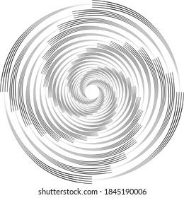 Dotted, dots, speckles abstract concentric circle. Spiral, swirl, twirl element.Circular and radial lines volute, helix.Segmented circle with rotation.Radiating arc lines.Cochlear