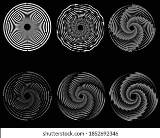 Dotted, dots, speckles abstract concentric circle. Spiral, swirl, twirl element.Circular and radial lines volute, helix.Segmented circle with rotation.Radiating arc lines.Cochlear,set