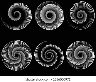 
Dotted, dots, speckles abstract concentric circle. Spiral, swirl, twirl element.Circular and radial lines volute, helix.Segmented circle with rotation.Radiating arc lines.set,zig zag