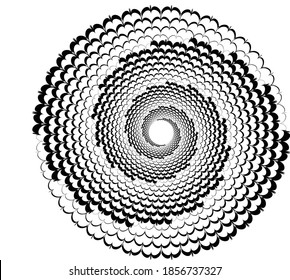 Dotted, dots, speckles abstract concentric circle. Spiral, swirl, twirl element.Circular and radial lines volute, helix.Segmented circle with rotation.Radiating arc lines.Cochlear