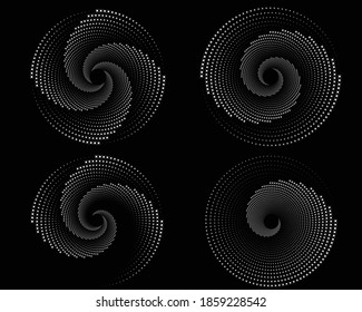 : Dotted, Dots, Speckles Abstract Concentric Circle. Spiral, Swirl, Twirl Element.Circular And Radial Lines Volute, Helix.Segmented Circle With Rotation.Radiating Arc Lines.set