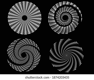 Dotted, dots, speckles abstract concentric circle. Spiral, swirl, twirl element.Circular and radial lines volute, helix.Segmented circle with rotation.Radiating arc lines.Cochlear,set 