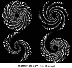  Dotted, dots, speckles abstract concentric circle. Spiral, swirl, twirl element.Circular and radial lines volute, helix.Segmented circle with rotation.Radiating arc lines.set