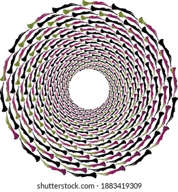  Dotted, dots, speckles abstract concentric circle. Spiral, swirl, twirl element.Circular and radial lines volute, helix.Segmented circle with rotation.Radiating arc lines.colorful