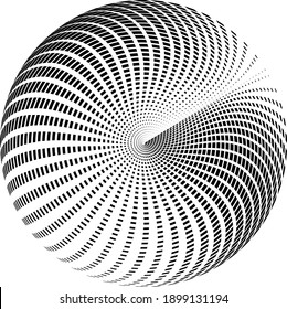 
Dotted, dots, speckles abstract concentric circle. Spiral, swirl, twirl element.Circular and radial lines volute, helix.Segmented circle with rotation.Radiating arc lines.Cochlear