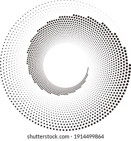 Dotted, dots, speckles abstract concentric circle. Spiral, swirl, twirl element.Circular and radial lines volute, helix.Segmented circle with rotation.Radiating arc lines.Cochlear, vortex illustration