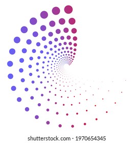 Dotted, dots, speckles abstract concentric circle. Spiral, swirl, twirl element. Circular and radial lines volute, helix. Segmented circle with rotation. Radiating arc lines. Cochlear, vortex