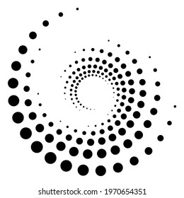 Dotted, dots, speckles abstract concentric circle. Spiral, swirl, twirl element. Circular and radial lines volute, helix. Segmented circle with rotation. Radiating arc lines. Cochlear, vortex