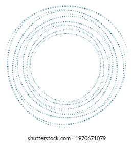 Dotted, dots, speckles abstract concentric circle frame. Spiral, swirl, twirl element. Circular and radial lines volute, helix. Segmented circle with rotation. Radiating arc lines. Cochlear, vortex