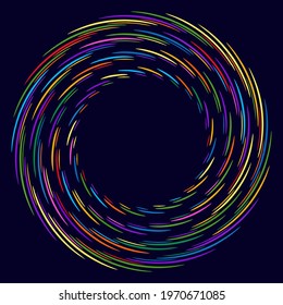 Dotted, dots, speckles abstract concentric circle frame. Spiral, swirl, twirl element. Circular and radial lines volute, helix. Segmented circle with rotation. Radiating arc lines. Cochlear, vortex