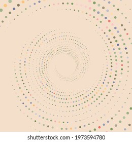 Dotted, dots, speckles abstract concentric circle. Spiral, swirl, twirl element. Circular and radial lines volute, helix. Segmented circle with rotation. Radiating arc lines. Cochlear, vortex