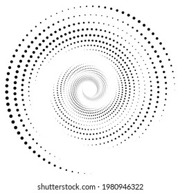 Dotted, dots, speckles abstract concentric circle. Spiral, swirl, twirl element. Circular and radial lines volute, helix. Segmented circle with rotation. Radiating arc lines. Cochlear, vortex