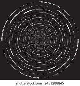 Dotted, dots, speckles abstract concentric circle. Spiral, swirl, twirl element.Circular and radial lines volute, helix.Segmented circle with rotation.Radiating arc lines.Cochlear