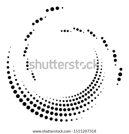 Dotted, dots, speckles abstract concentric circle. Spiral, swirl, twirl element.Circular and radial lines volute, helix.Segmented circle with rotation.Radiating arc lines.Cochlear, vortex illustration