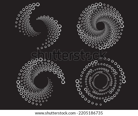 Dotted, dots, speckles abstract concentric circle. Spiral, swirl, twirl element.Circular and radial lines volute, helix.Segmented circle with rotation.Radiating arc lines.set