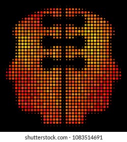 Dotted dual head interface icon. Bright pictogram in fire color variations on a black background. Vector halftone composition of dual head interface pictogram composed of circle pixels.