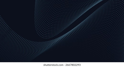 Projeto digital pontilhado dinâmico e abstrato com formas de onda azul fluindo contra um fundo escuro, suave, linha curva moderno abstrato moderno