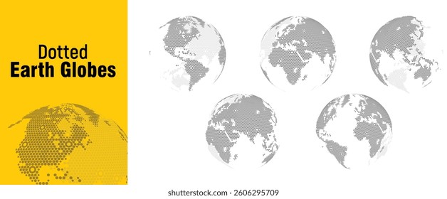 Dotted earth globes. World globe dot halftone map. Abstract Earth vector icon set. illustration set of earth globe with continents on white background