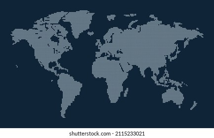 Dotted earth map. World map formed by dots. Global map with continents like africa, america, eurasia, europe asia and australia. Dots on dark background. Vector illustration.