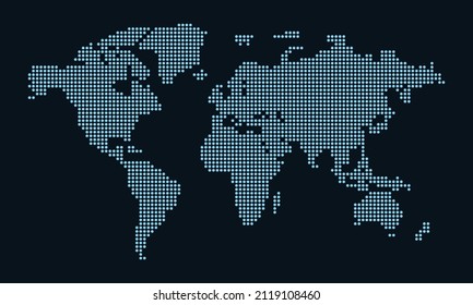 Dotted earth map. World map formed by dots. Global map with continents like africa, america, eurasia, europe asia and australia. Dots on dark background. Vector illustration.