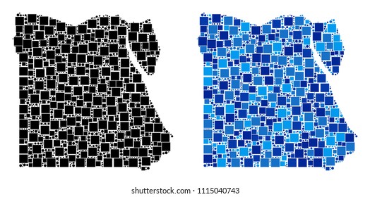 Dotted Egypt map variants. Abstract geographic scheme variant done with cold blue color tints. Vector mosaic of Egypt map organized from scattered square and round points.