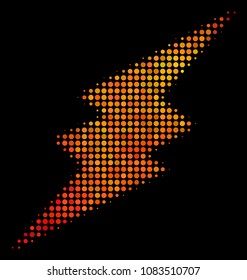 Dotted electric spark icon. Bright pictogram in fire color hues on a black background. Vector halftone collage of electric spark pictogram organized with circle items.