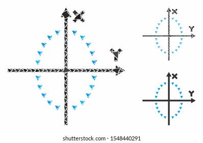 Dotted ellipse plot mosaic of unequal elements in different sizes and color tinges, based on dotted ellipse plot icon. Vector abrupt elements are combined into mosaic.