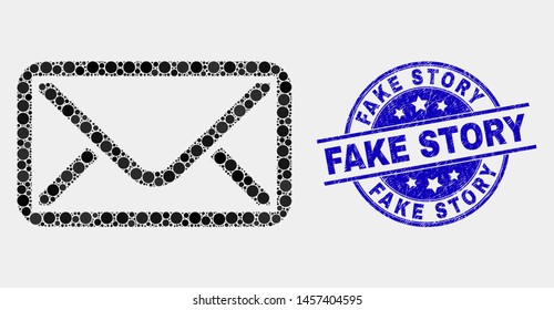 Dotted envelope mosaic icon and Fake Story seal stamp. Blue vector round distress seal with Fake Story message. Vector collage in flat style. Black isolated envelope mosaic of scattered dots,