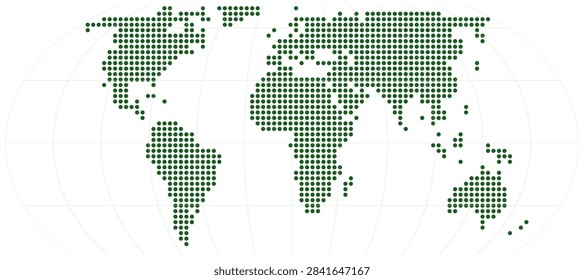Dotted Equal Earth projection world map with 30 degree graticule grid, forest green extra large dots on white, no borders. Halftone dot world map illustration.