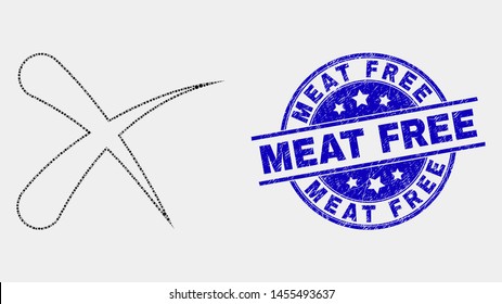 Dotted erase mosaic pictogram and Meat Free seal stamp. Blue vector round grunge seal stamp with Meat Free phrase. Vector combination in flat style. Black isolated erase mosaic of random dots,