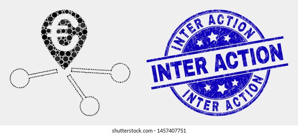 Dotted euro location links mosaic pictogram and Inter Action watermark. Blue vector round grunge seal stamp with Inter Action caption. Vector composition in flat style.