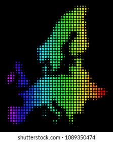 Dotted European Union map. Halftone territorial plan in rainbow color hues with horizontal gradient on a black background. Vector pattern of European Union map organized of circles.