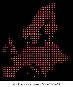 Dotted European Union map. Vector geographical scheme in red color variations on a black background. Abstract collage of European Union map organized with regular square points.