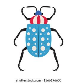 Dotted exotic bug flat design icon. Red and blue tropical beetle, unusual insect with antennae and legs isolated on white background.