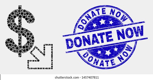 Dotted export dollar mosaic pictogram and Donate Now seal stamp. Blue vector rounded distress stamp with Donate Now title. Vector composition in flat style.