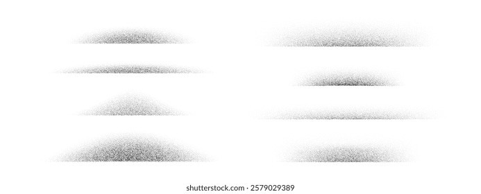 Dotted fading shadow set. Stippled shade effect collection. Textured vanishing halftone gradient stripes. Black sprayed grainy strips pack. Noise edge bundle for separate and divide. Vector