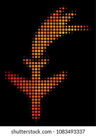 Dotted falling airplane icon. Bright pictogram in orange color tinges on a black background. Vector halftone concept of falling airplane pictogram formed with circle dots.