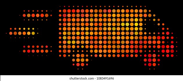 Dotted fast delivery car icon. Bright pictogram in fire color tinges on a black background. Vector halftone concept of fast delivery car pictogram designed from spheric items.
