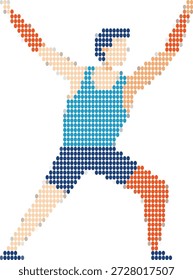 Figura punteada que realiza la pose del guerrero de la yoga en la ilustración del fondo blanco que se estira