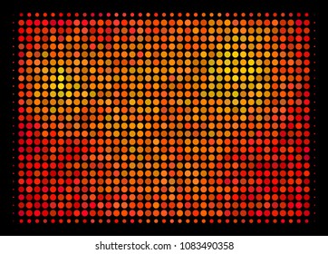 Dotted filled rectange icon. Bright pictogram in fire orange color variations on a black background. Vector halftone mosaic of filled rectange symbol done of circle dots.
